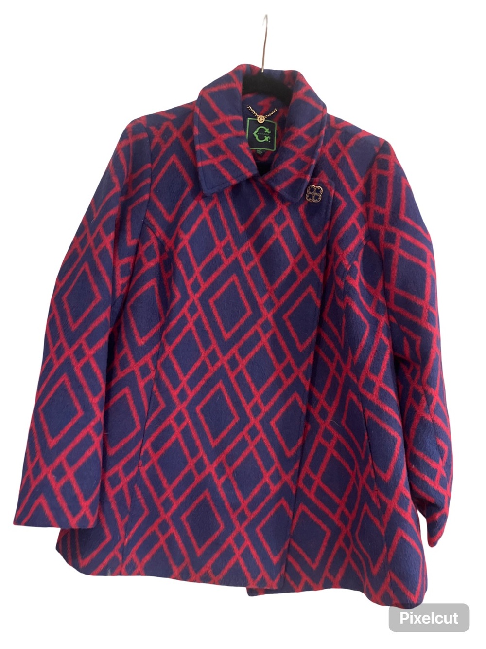 Geometric Pattern Pea Coat in Navy & Red - Women's